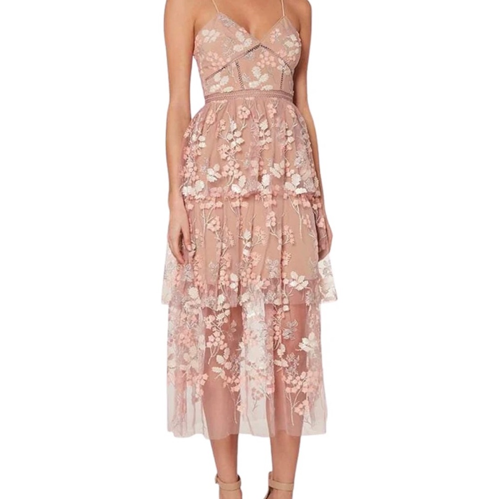 Self-portrait Flower Mesh Tiered Midi dress